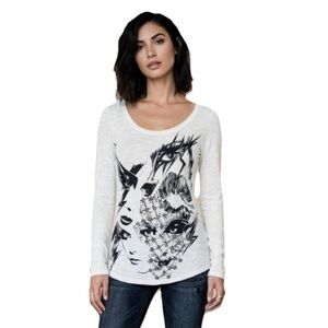 Lauren Moshi Punk Eyes Blouse Women’s White Graphic Scoop Neckline Size XS